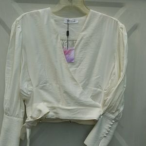 Chicwish Off White Linen Peasant Wrap Top